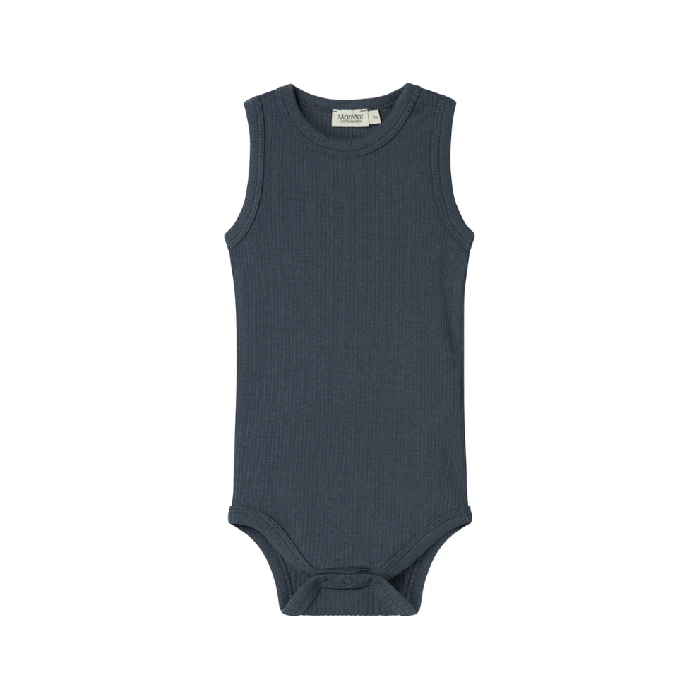 MarMar Copenhagen Rula Modal Sleeveless Romper Ribbed Mouwloze Baby Romper TENCEL™ Modal en Biologisch Katoen blue donkerblauw navy