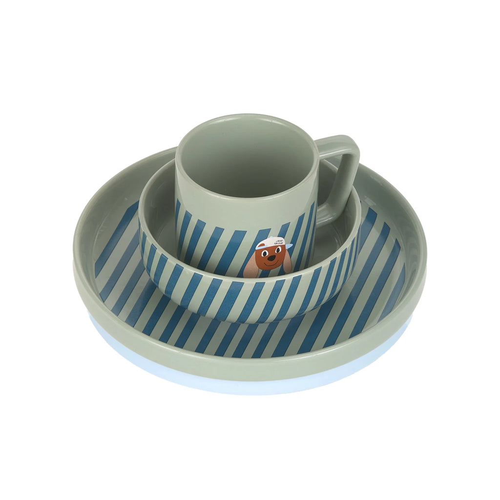 Porseleinen Kinderservies met Siliconen Antislip – 3-delige Set – Tiny Team Dog – LÄSSIG