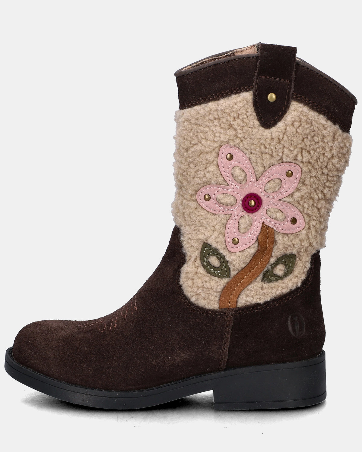 Cowboylaars – Donkerbruin met bloem – Suède & teddy – Shoesme