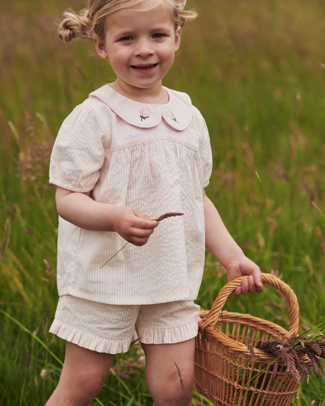 Seersucker-Bluse mit Kragen - Dusty Rose mit Cremestreifen - Bio-Baumwolle - Copenhagen Colors