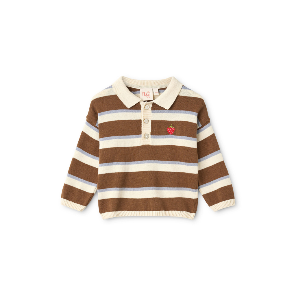 Gebreide polo sweater Elias - Coffee/Air Stripe - 100% katoen - Flöss - productfoto