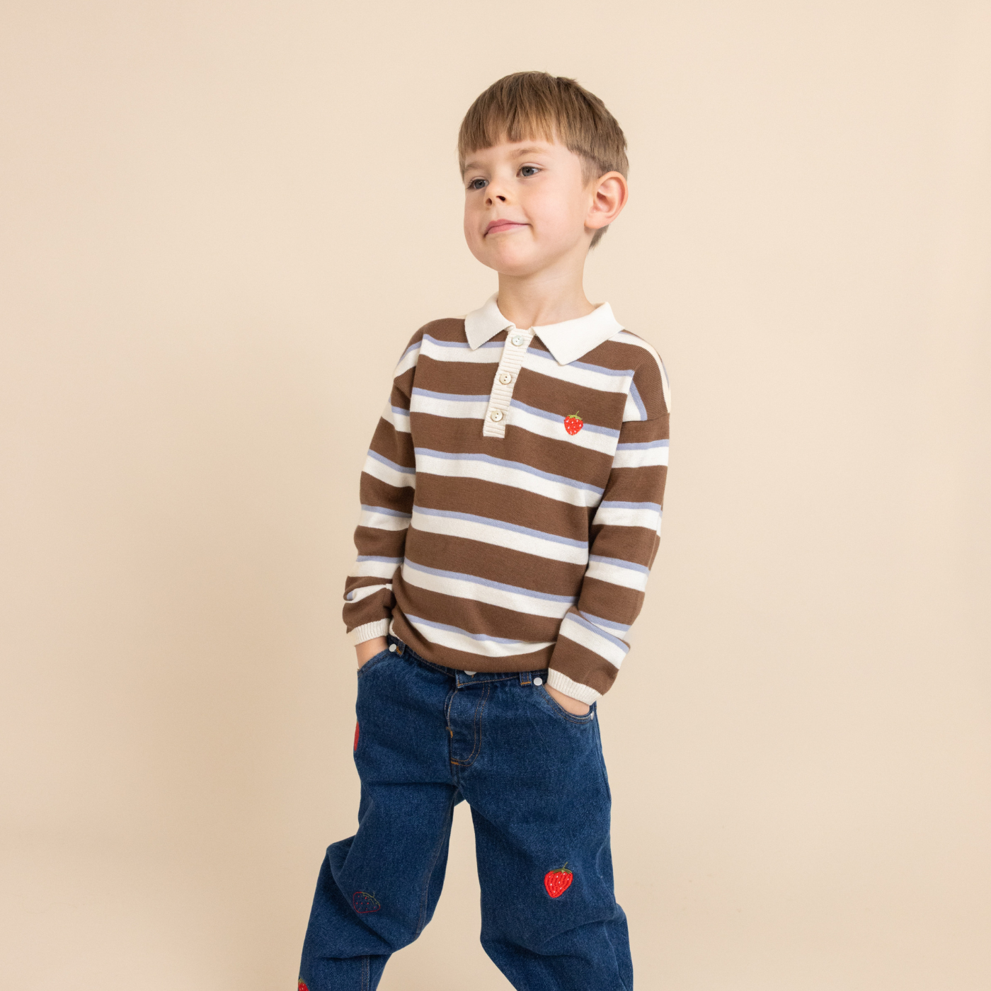 Gebreide polo sweater Elias - Coffee/Air Stripe - 100% katoen - Flöss - productfoto - afbeelding 5