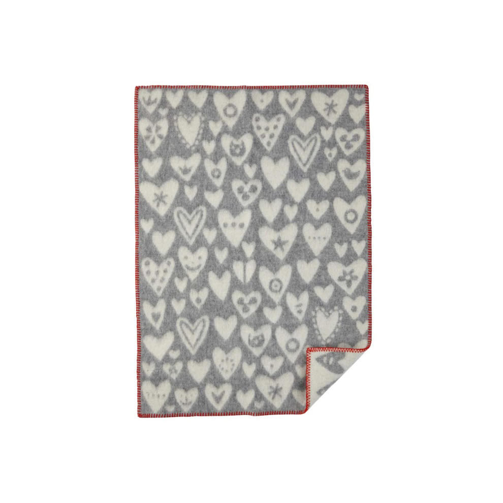 Wiegdekentje hartjes - 65x90 cm - Biologisch wol - Baby heart grey/white - Klippan - productfoto
