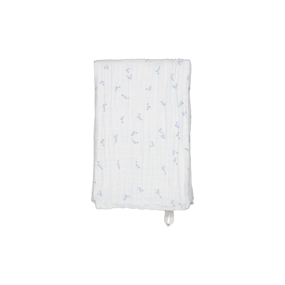 Swaddle - Muslin Cloth - 110x110 cm - Organic Cotton Muslin - Bonded Muslin Print - Dolphin - MarMar Copenhagen