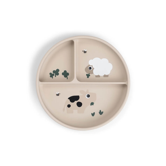 Silikon-Saugnapfteller - Stick&Stay compartment plate - Tiny farm - Sand - Done by Deer
