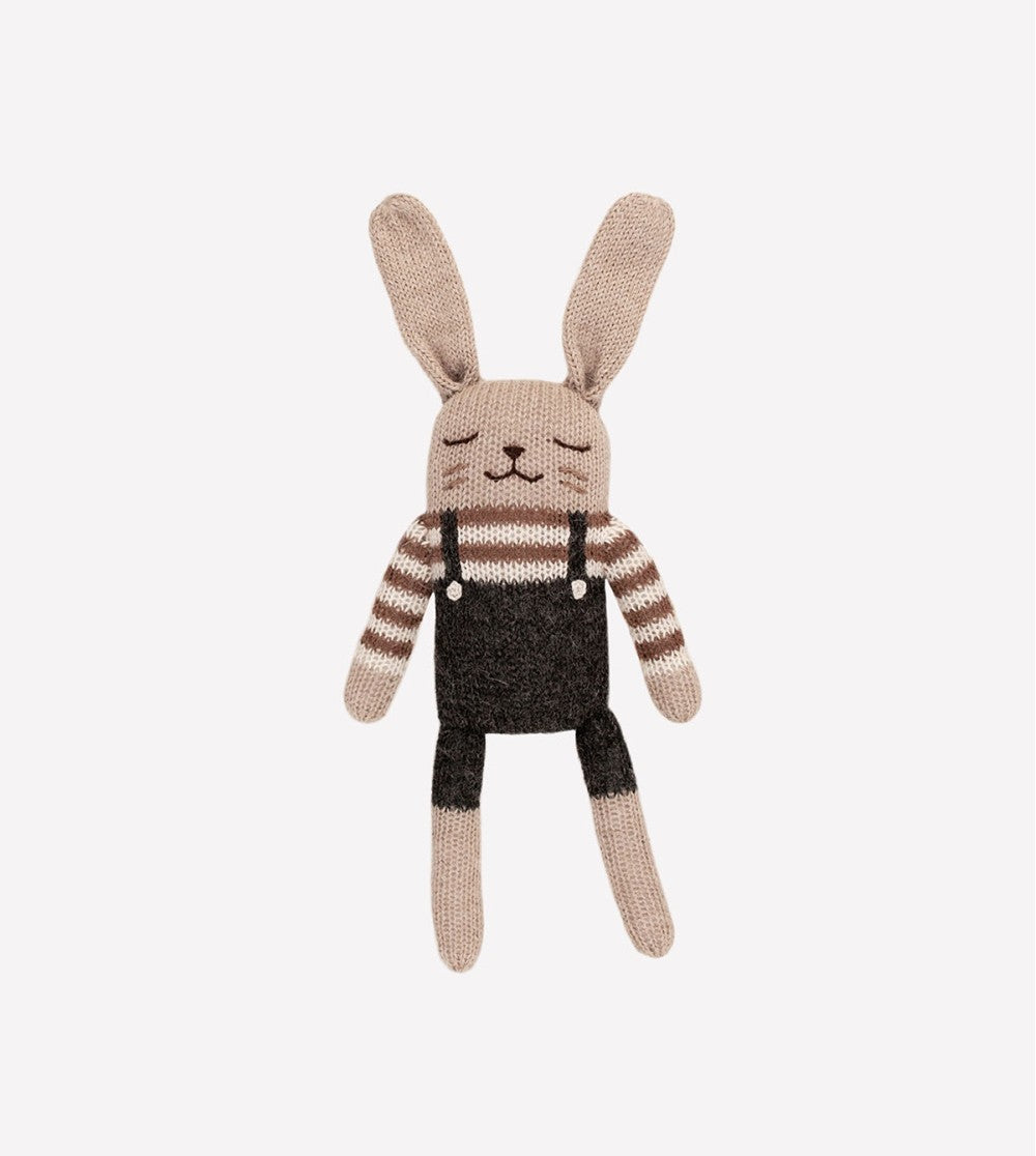 Knitted soft toy rabbit - Black overalls - Alpaca wool - Main Sauvage
