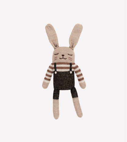 Knitted soft toy rabbit - Black overalls - Alpaca wool - Main Sauvage