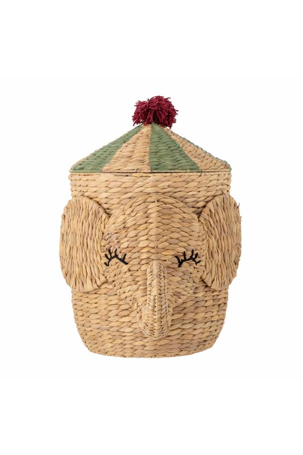 Bobo Basket Nature – Elefanten-Aufbewahrungskorb mit Deckel – Bloomingville MINI: Freistehende Produktansicht des Korbs mit Deckel.