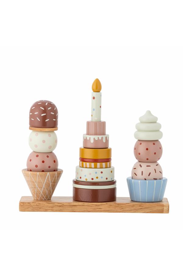 Celebrate Activity Toy – Bloomingville MINI : pièces détachées à empiler en forme de gâteaux et d'une bougie.