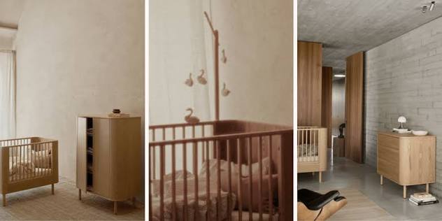 Chambre bébé Quax Yume – À composer vous-même – Natural Ash : chambre de bébé avec lit à barreaux en bois, armoire et commode.