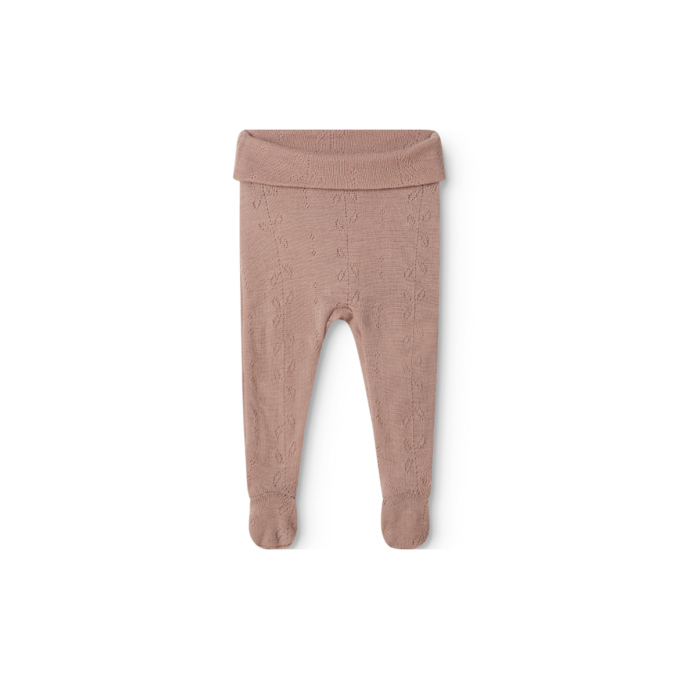 MarMar Copenhagen Piva broekje Pointelle in 100% merinowol zacht wit merinowol baby broekje met voetjes  en elegant pointelle breisel voor newborn burnt rose roze