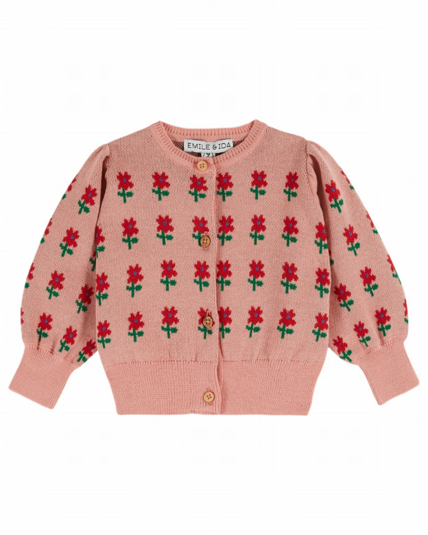 Cardigan with Flowers - Cardigan Fleur - Organic Cotton - Pink - Emile et Ida