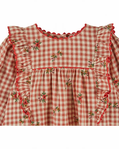 Geruit jurkje met bloemenborduursel – Roodbruin - Robe Vichy Volant/Broderie – Emile et Ida