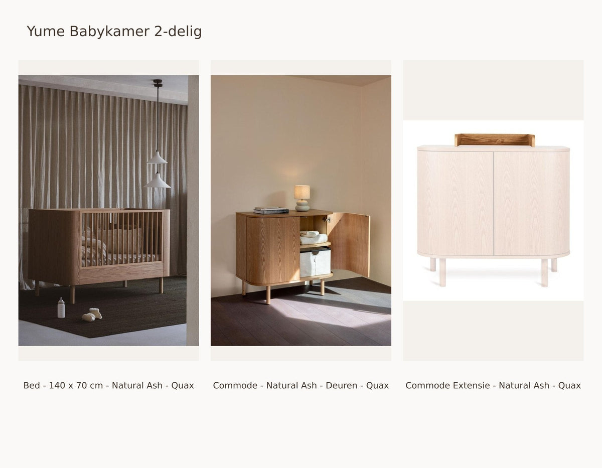 Quax Yume Chambre bébé 2 pièces – Natural Ash – 140 × 70 – Commode portes – avec extension de commode – avec barrière de lit : ensemble avec Lit - 140 x 70 cm - Natural Ash - Quax, Commode - Natural Ash - Portes - Quax, Extension de commode - Natural Ash - Quax.