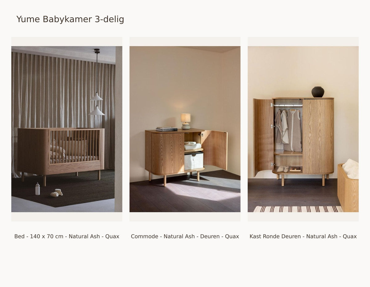 Quax Yume Chambre bébé 3 pièces – Natural Ash – 140 × 70 – Commode avec portes – Armoire avec portes arrondies – avec kit junior : ensemble comprenant Lit bébé - 140 x 70 cm - Natural Ash - Quax, Commode - Natural Ash - Portes - Quax, Armoire Portes Arrondies - Natural Ash - Quax.