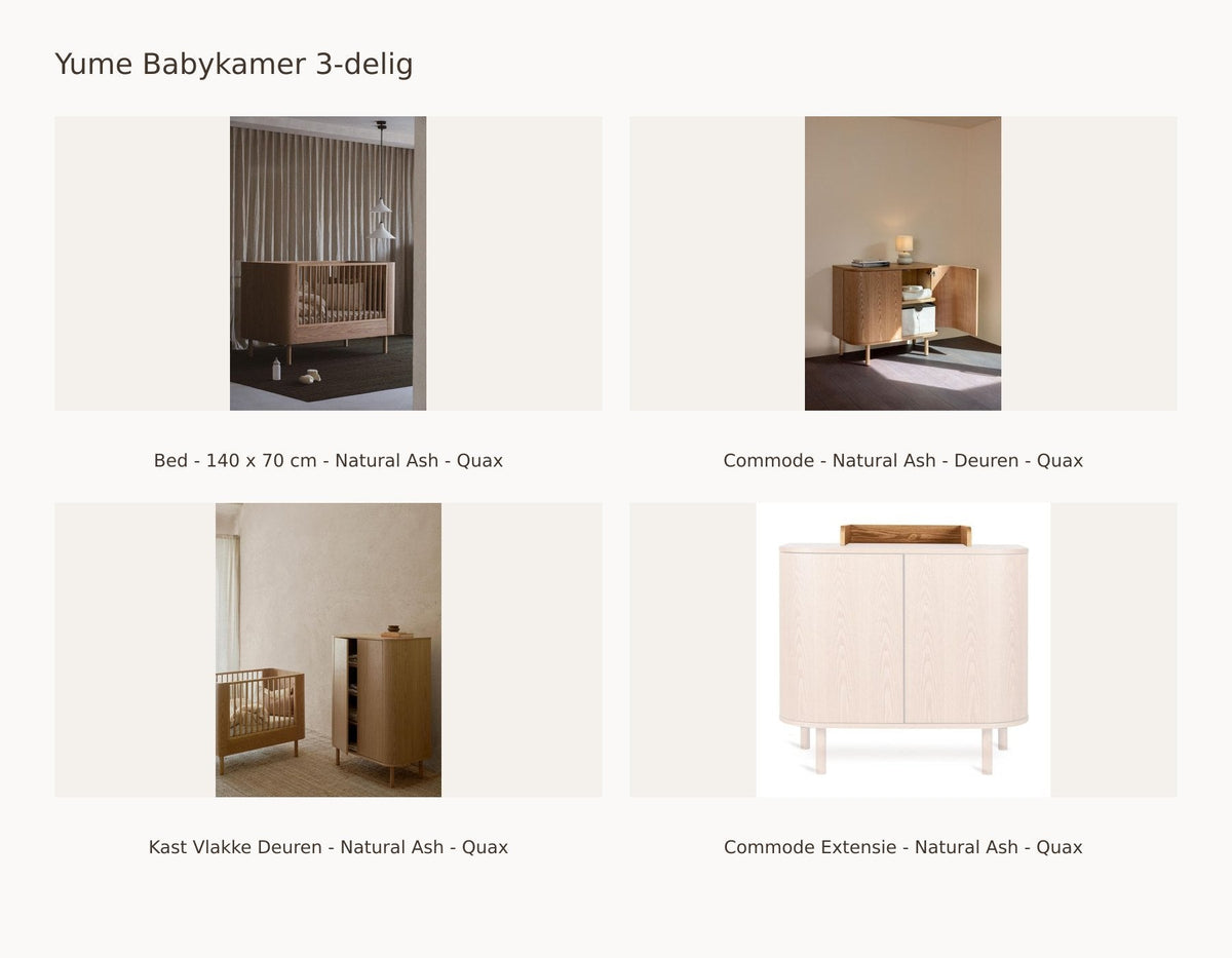 Chambre bébé 3 pièces Quax Yume – Natural Ash – 140 × 70 – Commode portes – Armoire portes lisses – avec extension de commode – avec barrière de lit et kit junior : ensemble comprenant Lit bébé - 140 x 70 cm - Natural Ash - Quax, Commode - Natural Ash - Portes - Quax, Armoire Portes Lisses - Natural Ash - Quax, Extension de commode - Natural Ash - Quax.