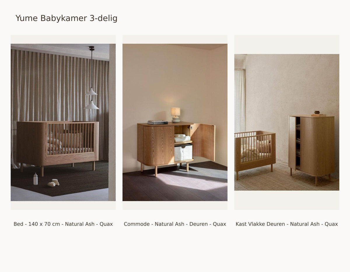 Quax Yume Chambre bébé 3 pièces – Natural Ash – 140 × 70 – Commode avec portes – Armoire avec portes lisses – avec barrière de lit et kit junior : ensemble comprenant Lit - 140 x 70 cm - Natural Ash - Quax, Commode - Natural Ash - Portes - Quax, Armoire avec portes lisses - Natural Ash - Quax.