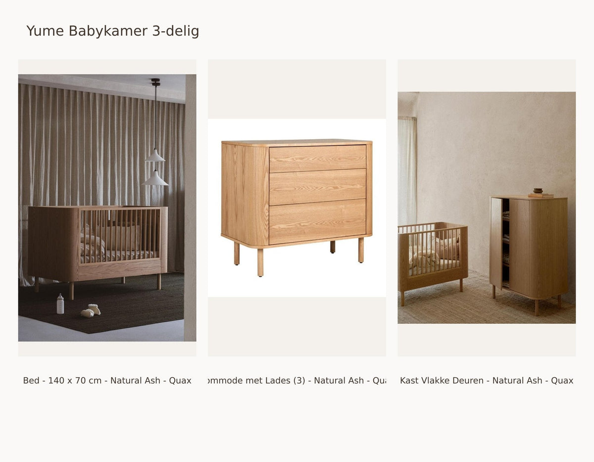 Quax Chambre bébé 3 pièces Yume – Natural Ash – 140 × 70 – Commode à tiroirs – Armoire portes lisses – avec kit junior : ensemble avec Lit - 140 x 70 cm - Natural Ash - Quax, Commode à tiroirs (3) - Natural Ash - Quax, Armoire portes lisses - Natural Ash - Quax.