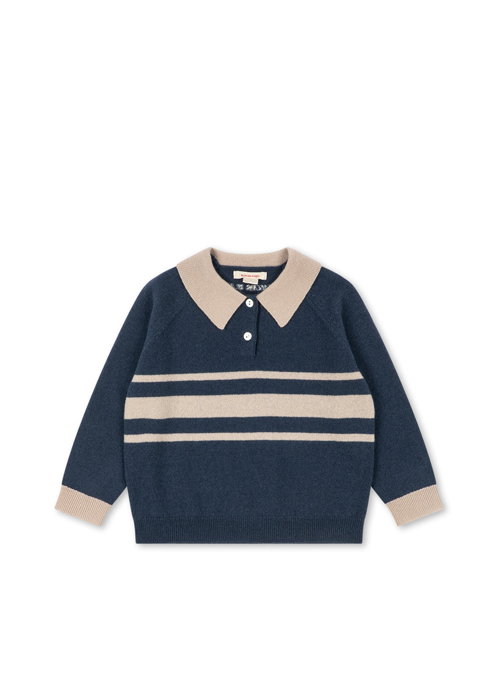 Polo en laine Basi – Dark Blue Stripe – Konges Sløjd : polo en laine bleu foncé avec col clair et rayures, vue de face.