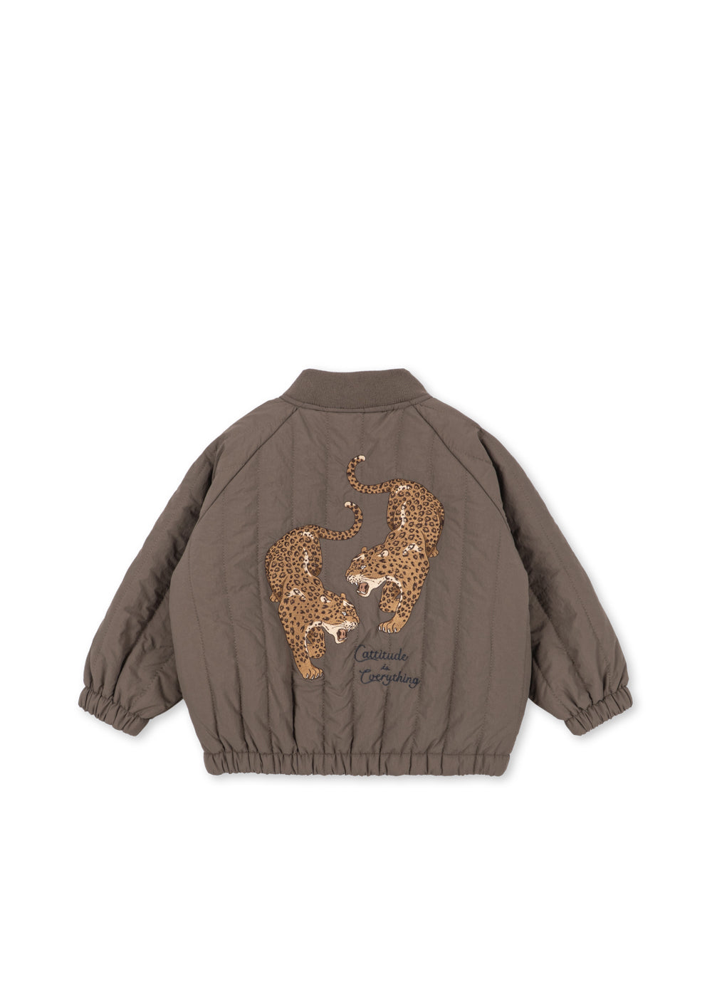 Thermojacke Juno Bomber – Walnut – Konges Sløjd: Rückseite der braunen Bomberjacke mit großer Leoparden-Illustration.