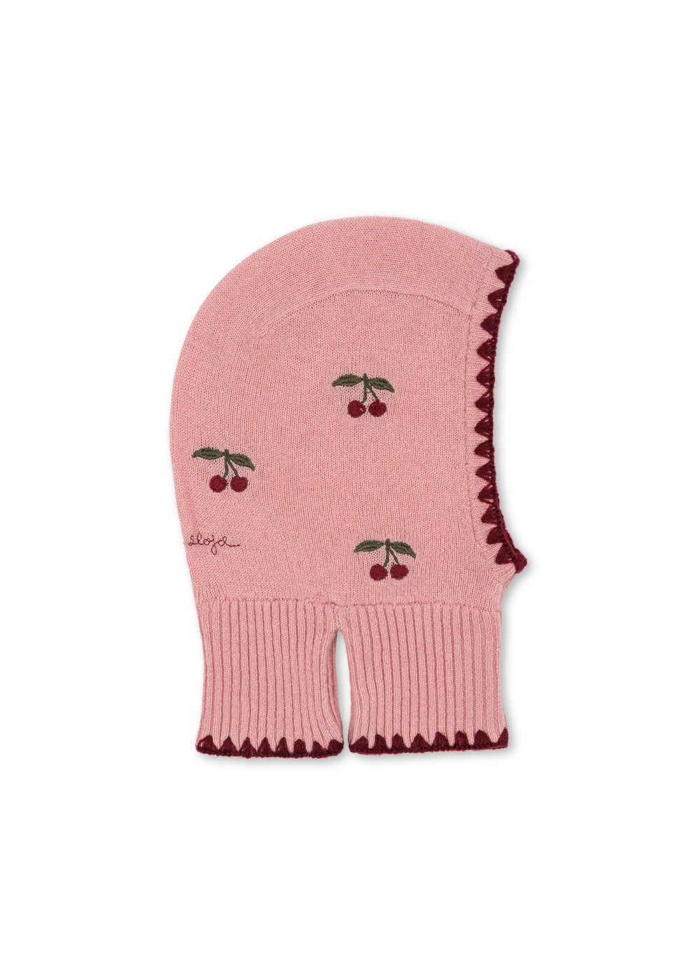 Cagoule en laine Collette – Pale Blush – Konges Sløjd : cagoule en tricot rose avec cerises et liseré sombre, vue de profil.