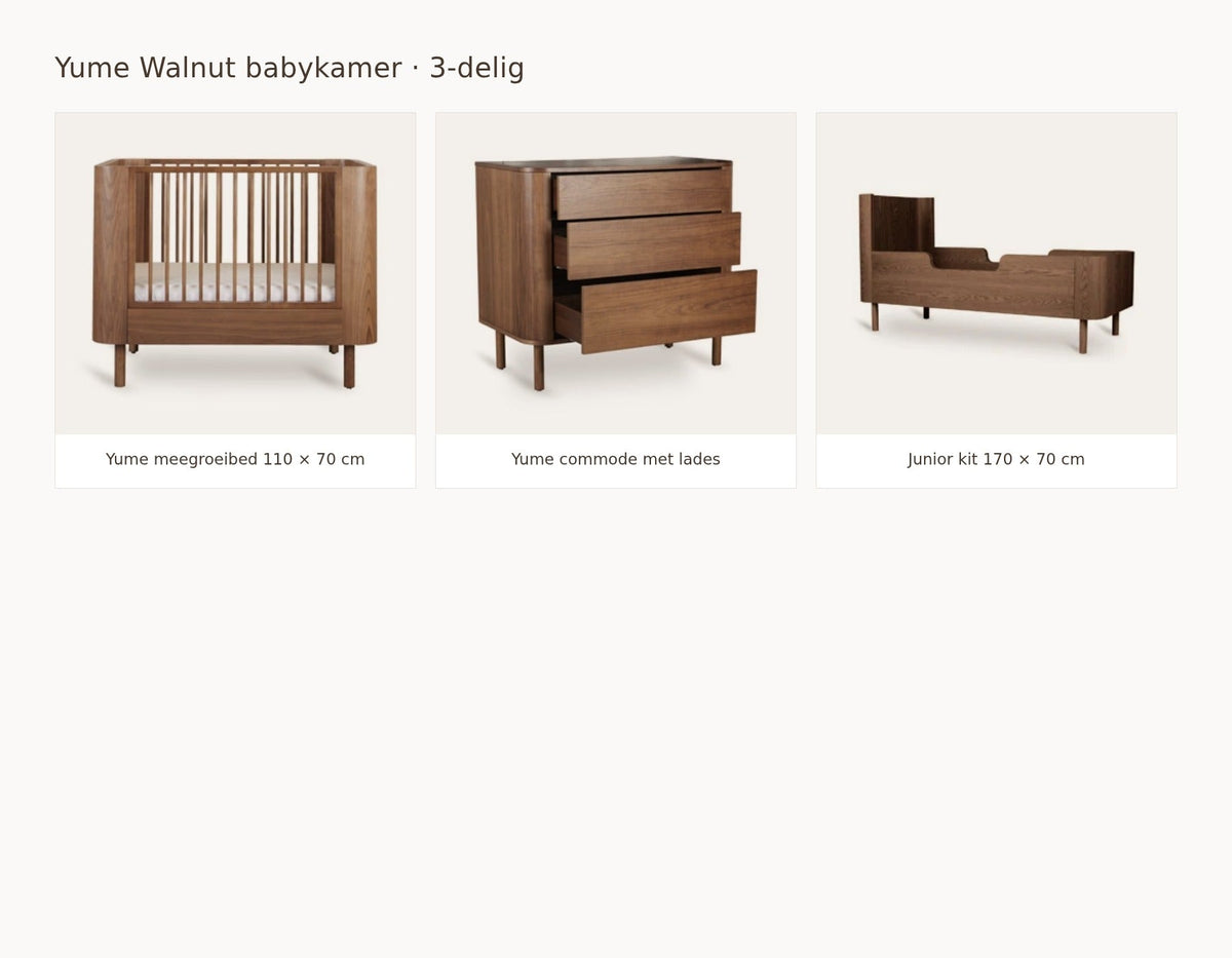 Quax Yume Walnut babykamer: samenstelling van 2 delig walnut 110 70 commode met lades juniorkit