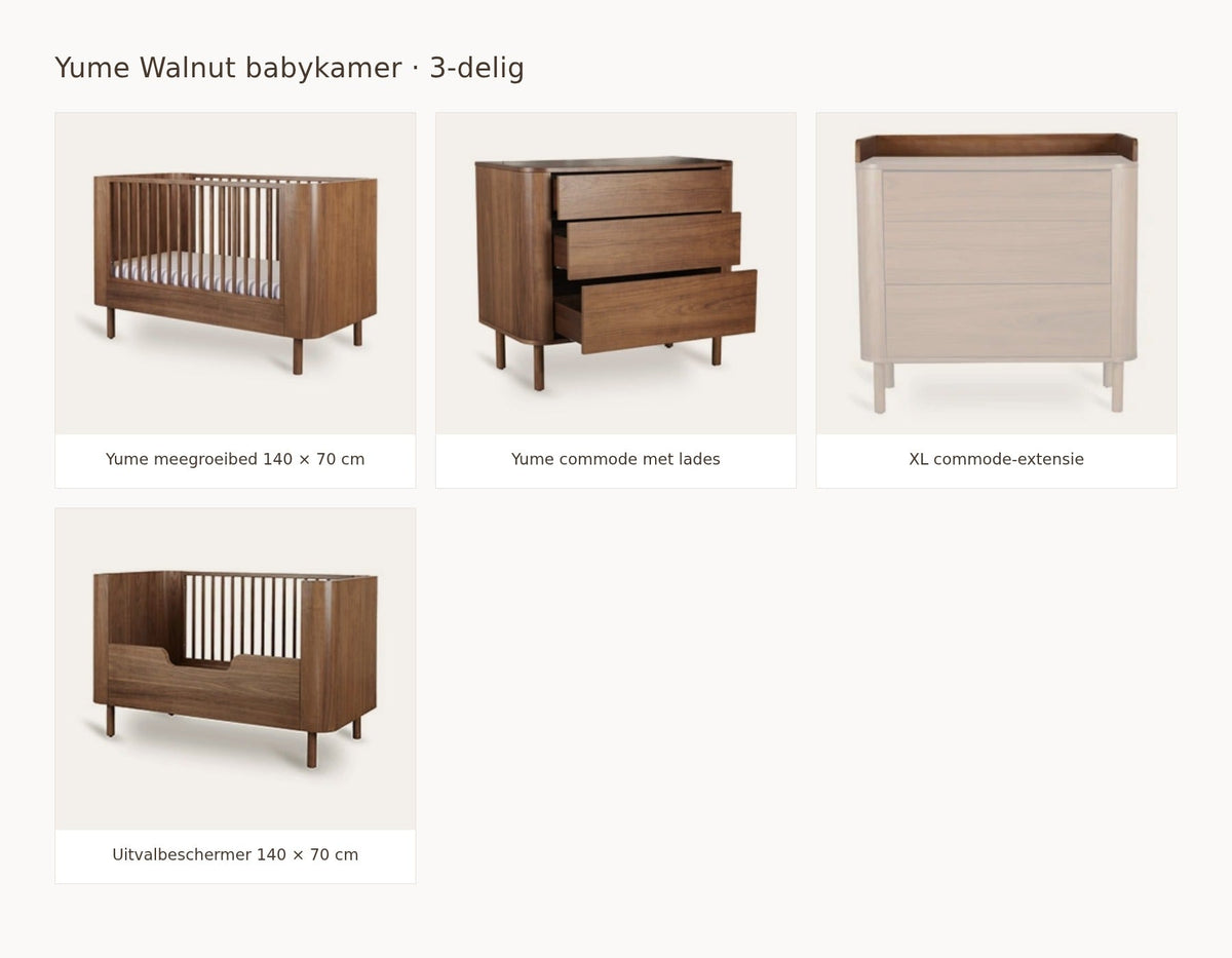 Quax Yume Walnut babykamer: samenstelling van 2 delig walnut 140 70 commode met lades extensie xl uitvalbeschermer