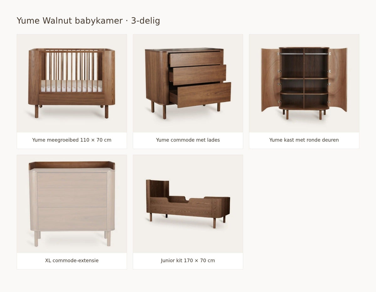 Quax Yume Walnut babykamer: samenstelling van 3 delig walnut 110 70 commode met lades kast ronde deuren extensie xl juniorkit