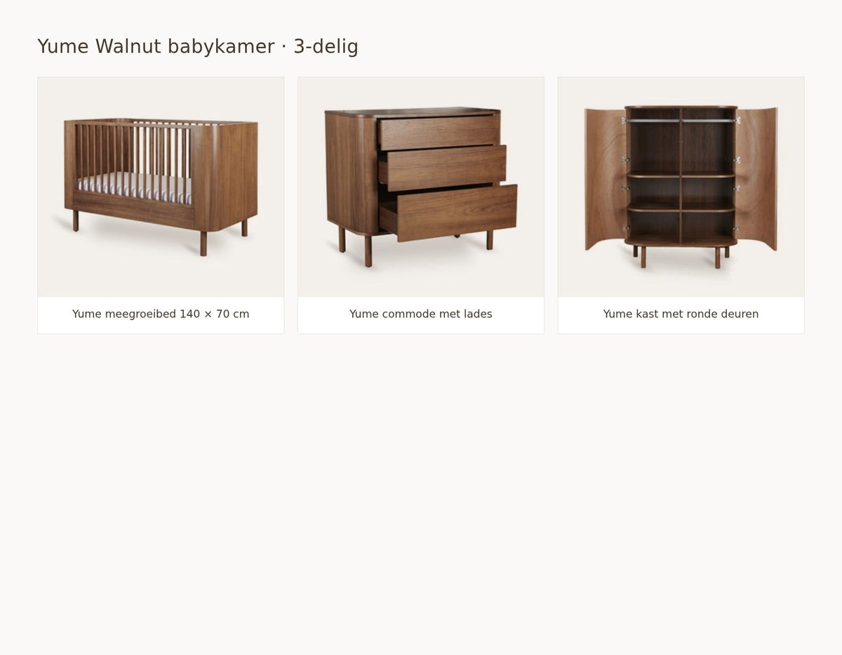 Quax Yume Walnut babykamer: samenstelling van 3 delig walnut 140 70 commode met lades kast ronde deuren